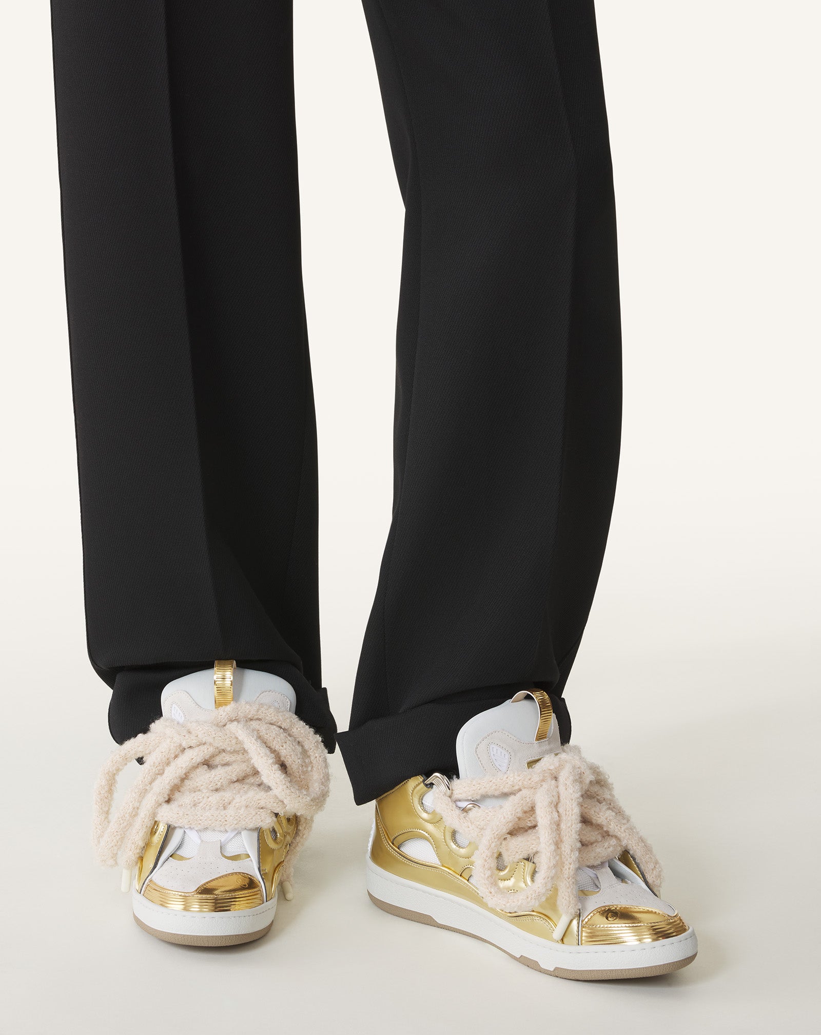 CURB METALLIC LEATHER SNEAKERS WITH MESH LACES