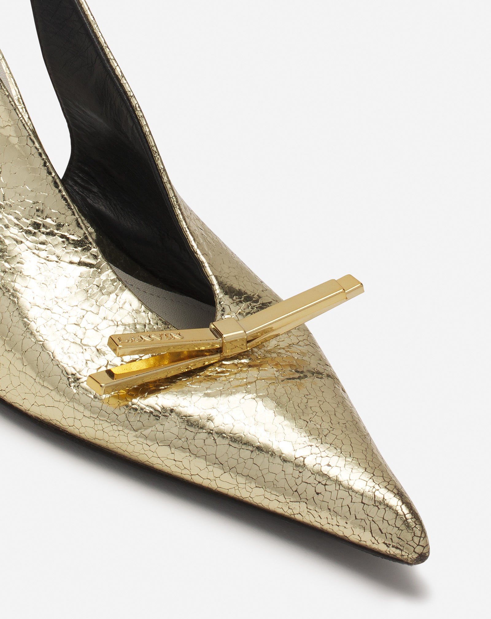 LANVIN BOW SLINGBACK PUMPS IN CRACKLED METALLIC LEATHER