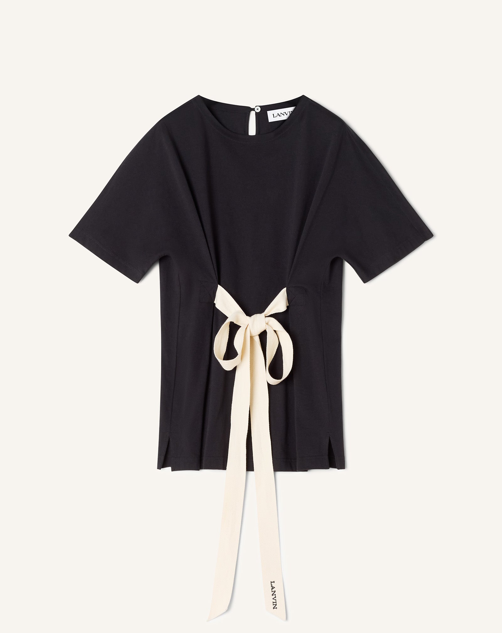 BLACK BELTED T-SHIRT IN COTTON AND SILK