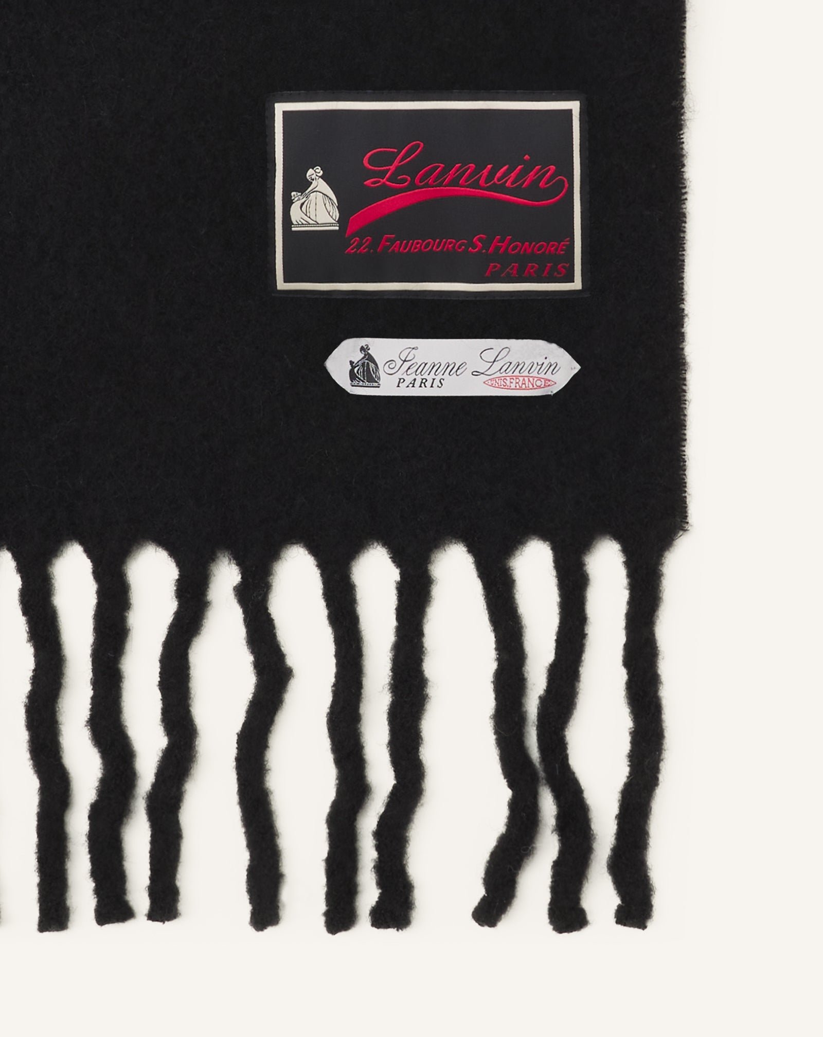 BLACK FRINGED WOOL SCARF WITH 22 FAUBOURG LABEL