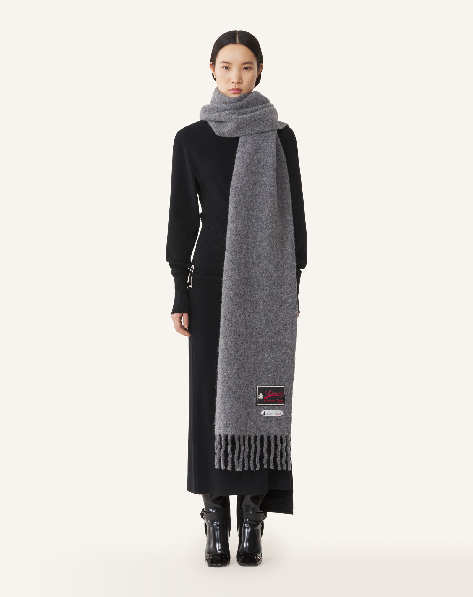 BLACK FRINGED WOOL SCARF WITH 22 FAUBOURG LABEL