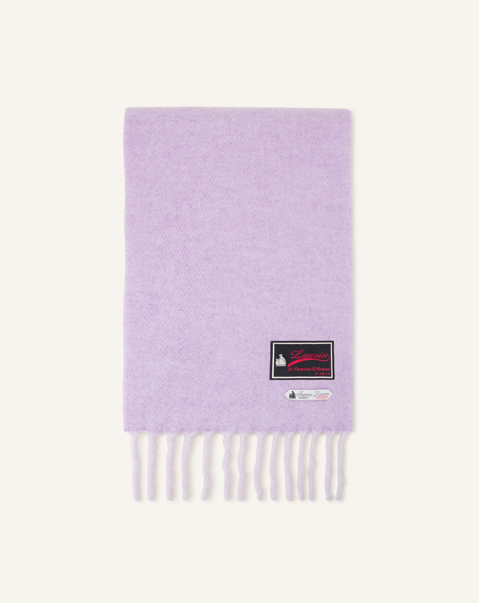 PURPLE FRINGED WOOL SCARF WITH 22 FAUBOURG LABEL