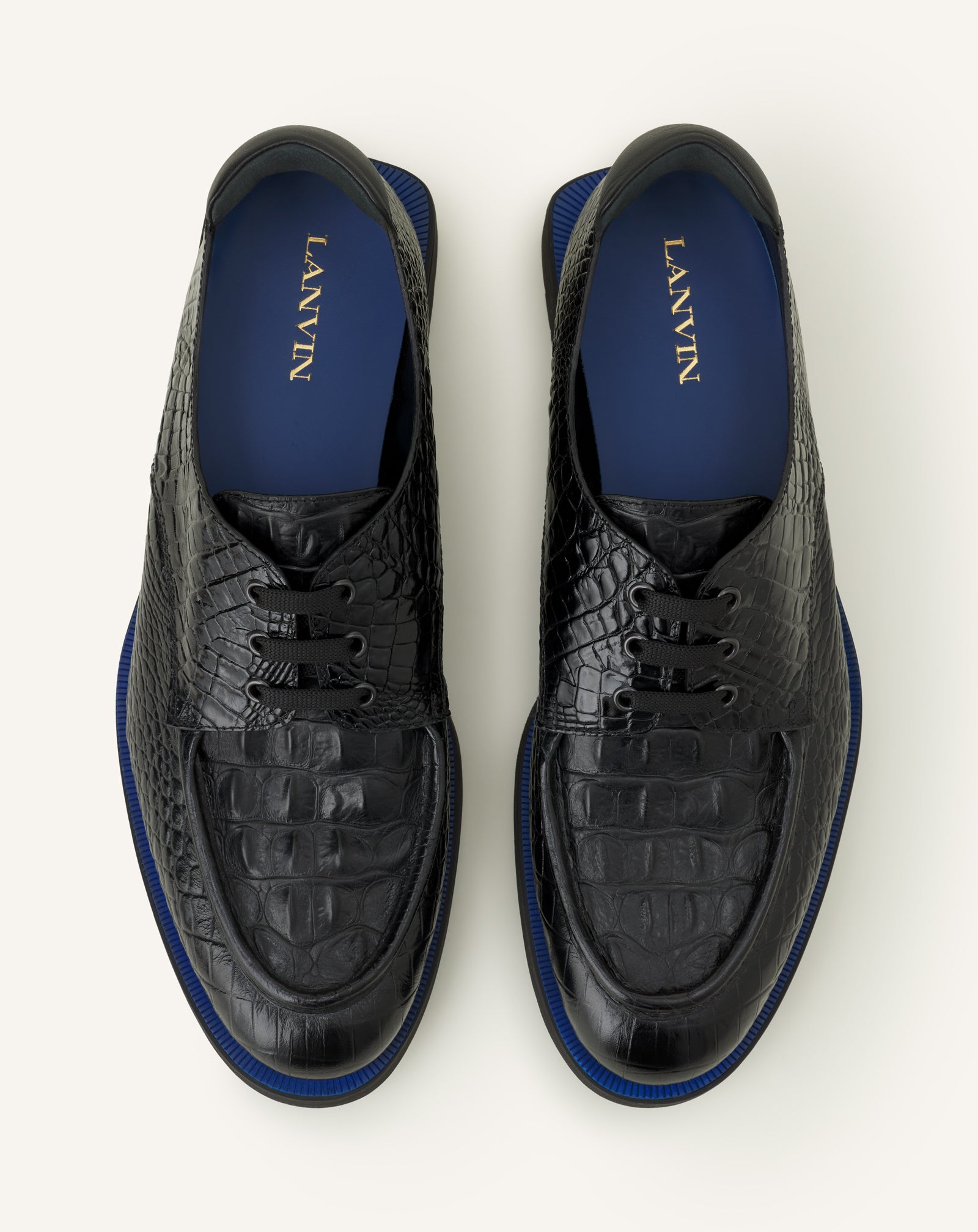 BLACK DERBY SHOES IN CROCODILE-EMBOSSED LEATHER