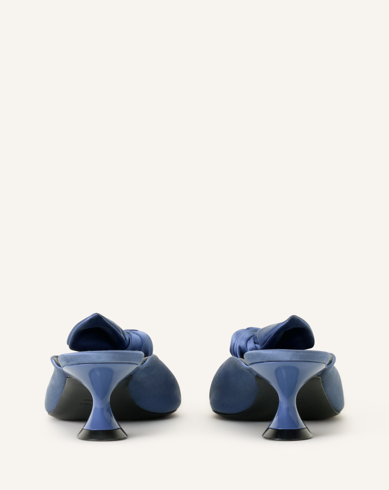 BLUE MIDNIGHT STEP HEELED MULES WITH A SATIN BOW