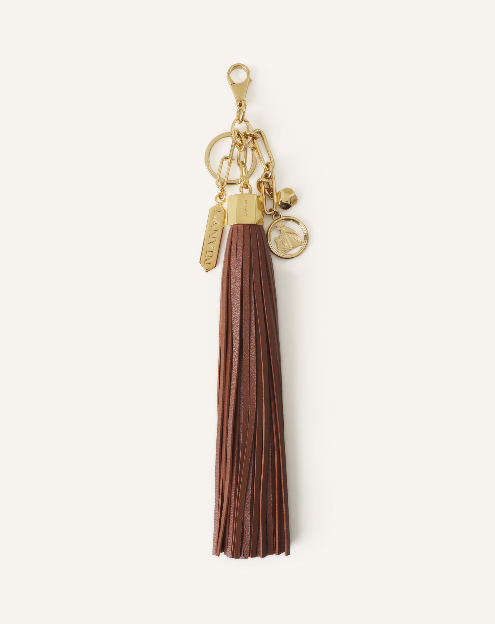 BROWN LARGE LEATHER POMPOM BAG CHARM