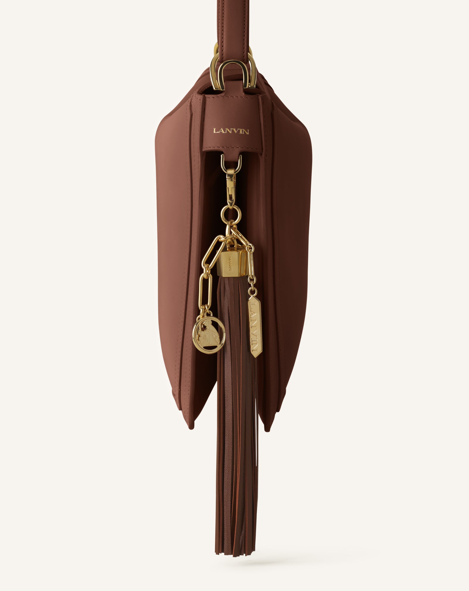 BROWN LARGE LEATHER POMPOM BAG CHARM