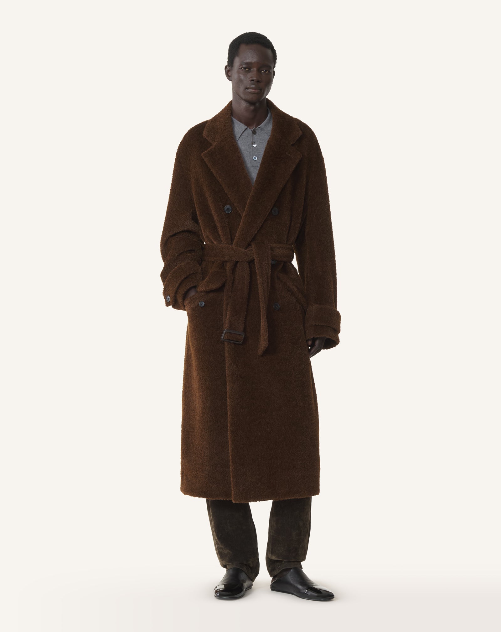 BLACK LOOSE-FIT TRENCH COAT IN ALPACA WOOL