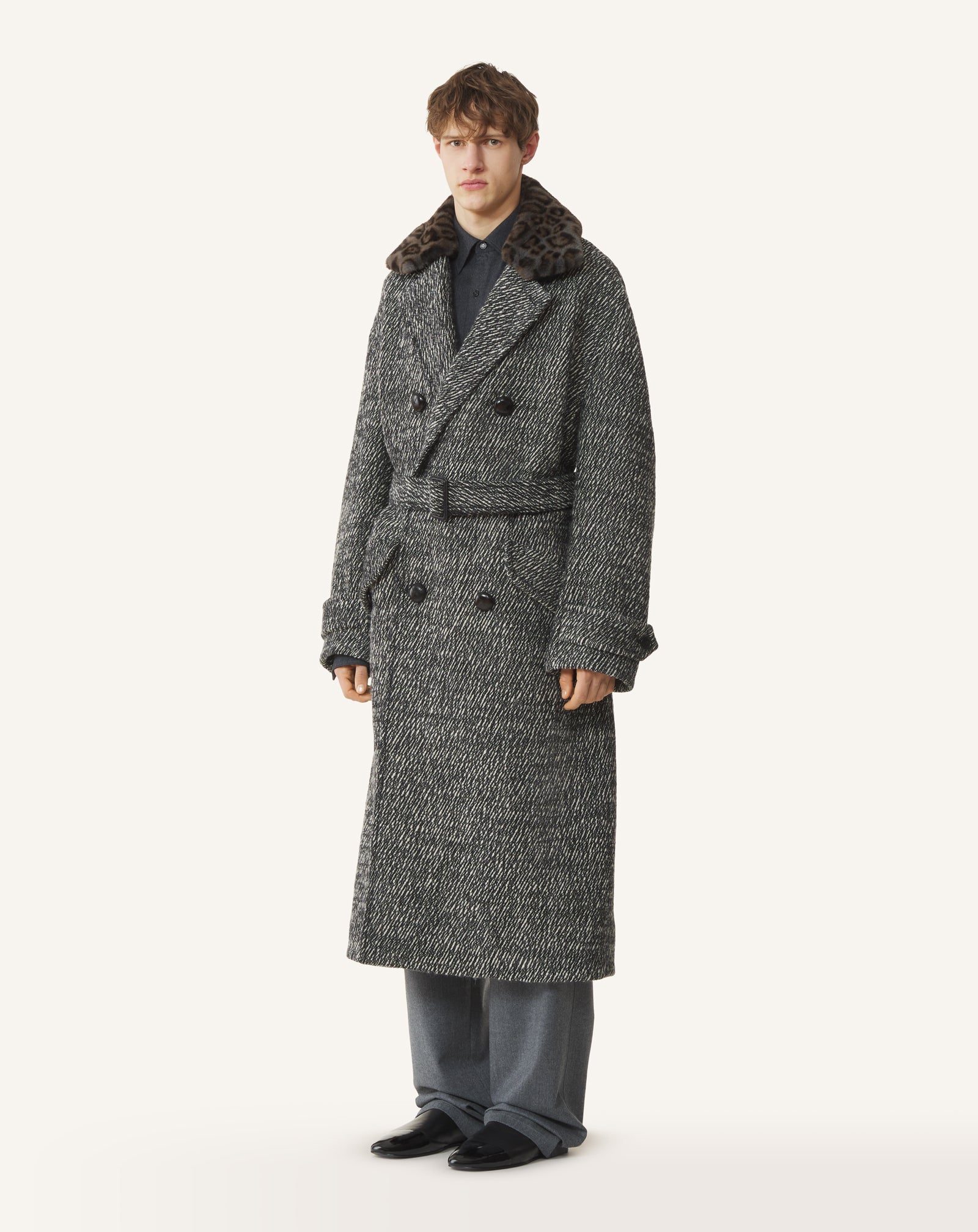 GREY LOOSE-FIT TRENCH COAT IN TEXTURED WOOL