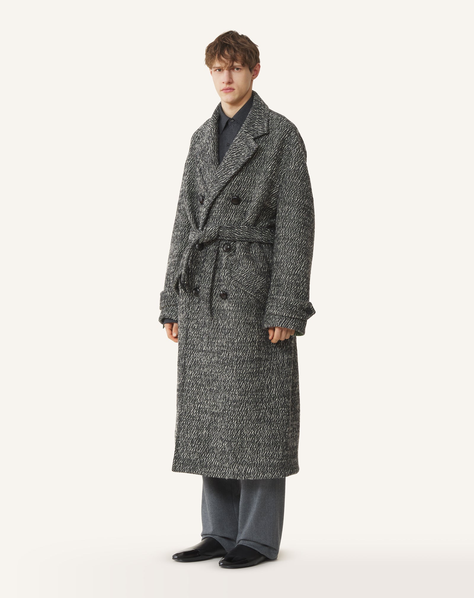 GREY LOOSE-FIT TRENCH COAT IN TEXTURED WOOL