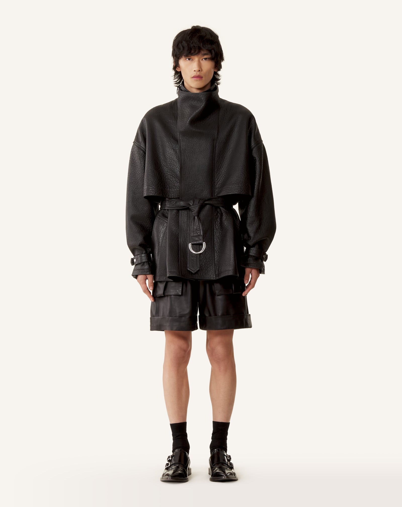 BLACK STAND COLLAR LEATHER JACKET