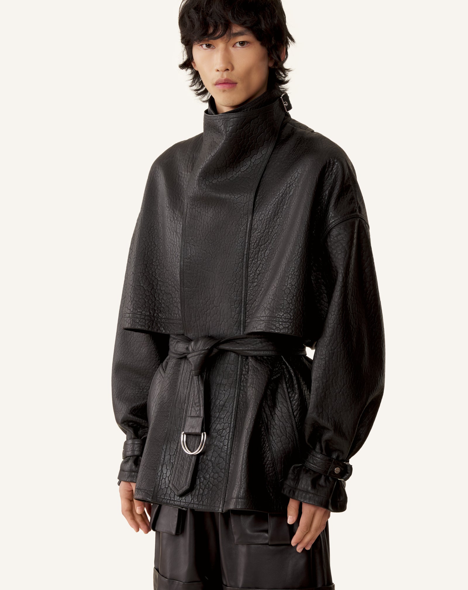 BLACK STAND COLLAR LEATHER JACKET