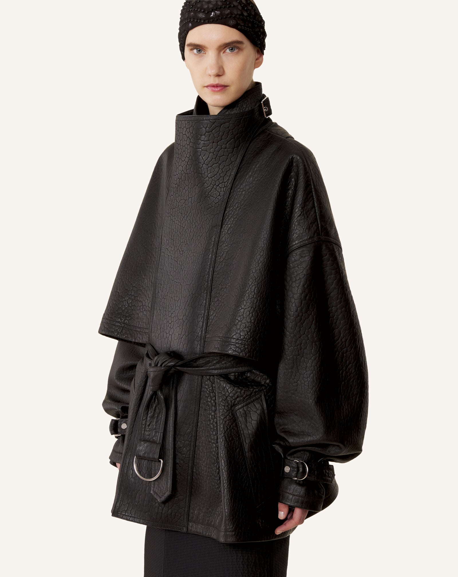 BLACK STAND COLLAR LEATHER JACKET