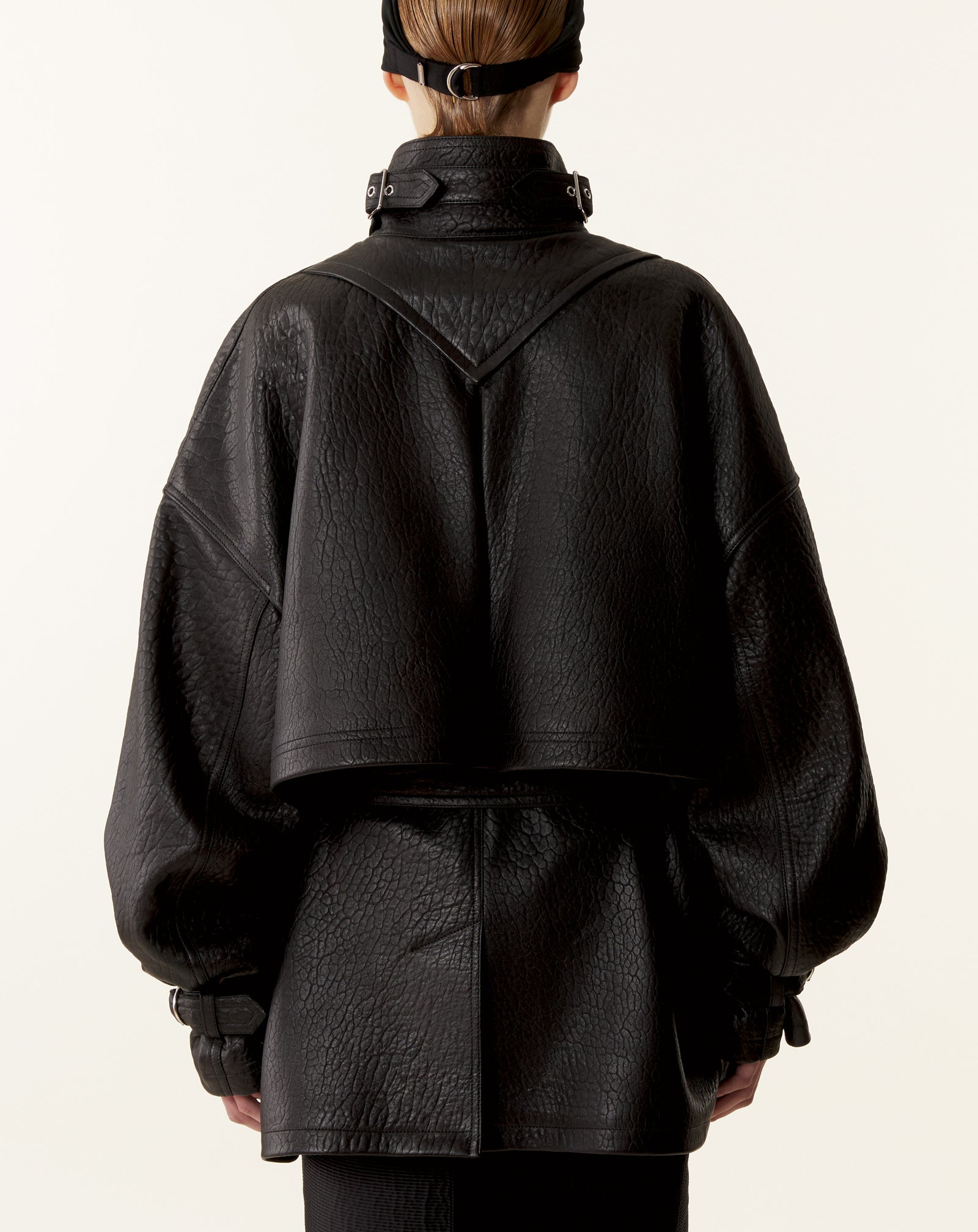 BLACK STAND COLLAR LEATHER JACKET