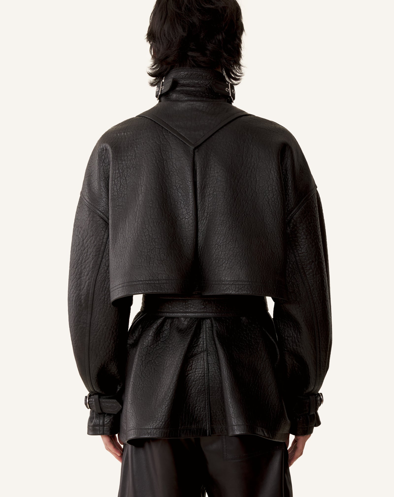 BLACK STAND COLLAR LEATHER JACKET