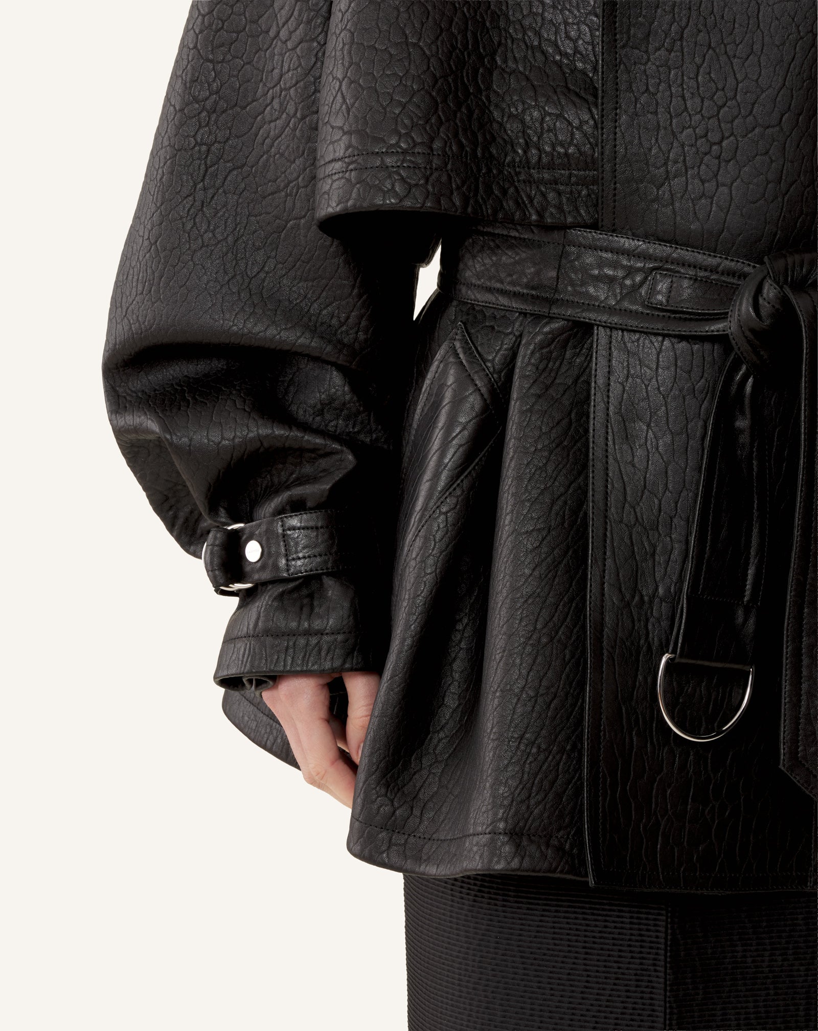 BLACK STAND COLLAR LEATHER JACKET