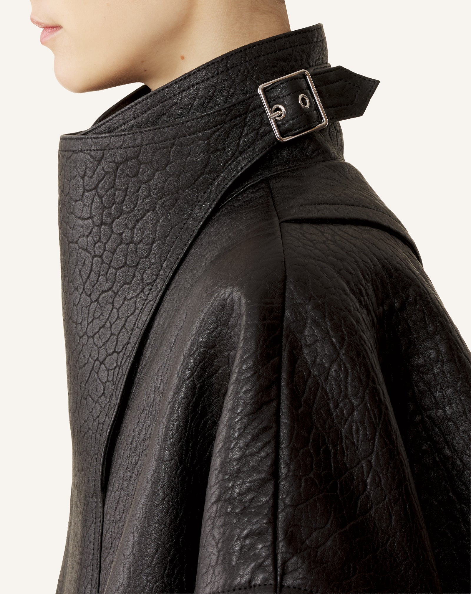 BLACK STAND COLLAR LEATHER JACKET