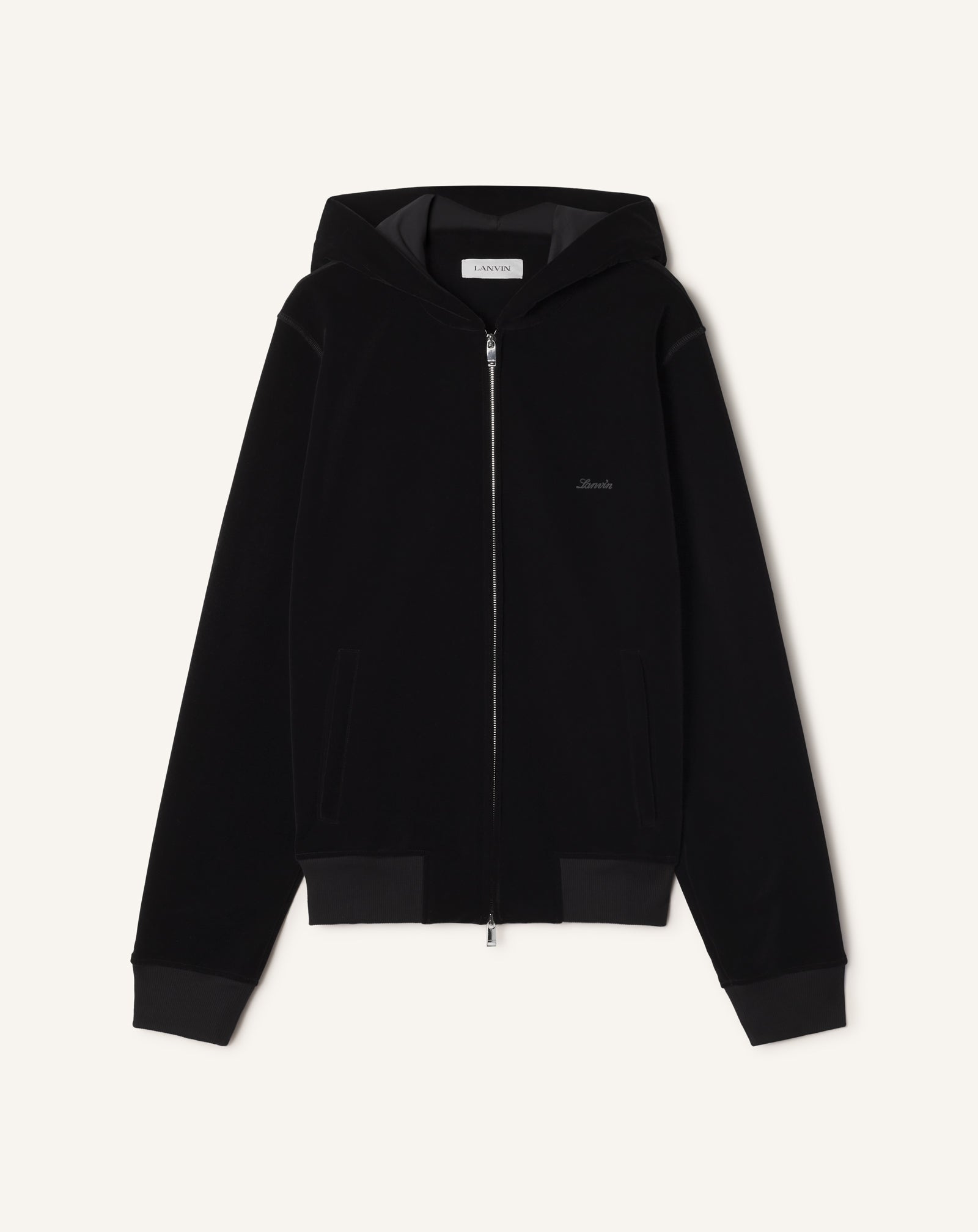 BLACK ZIP-UP HOODIE IN VELVET