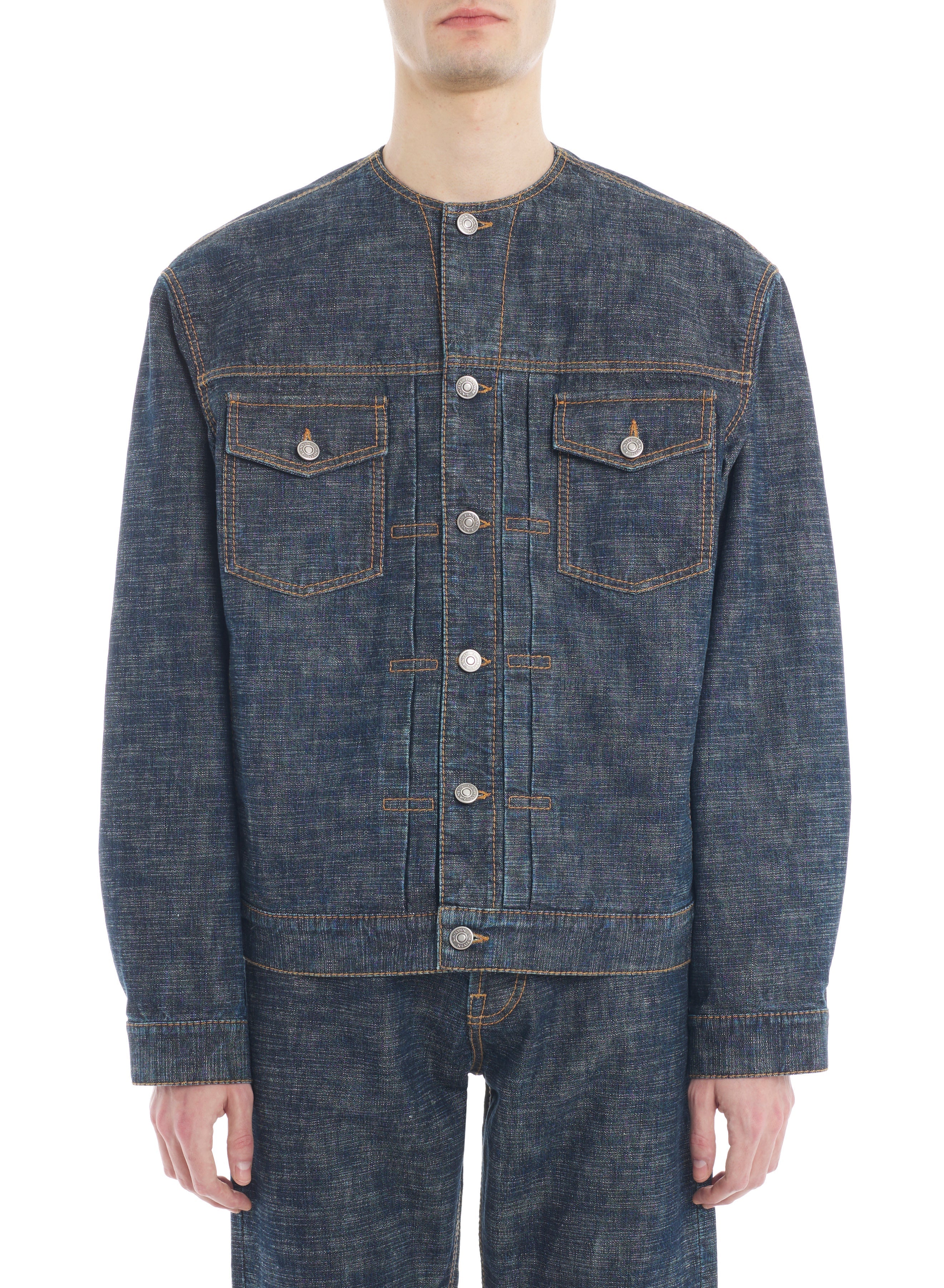 DENIM COLLARLESS JACKET