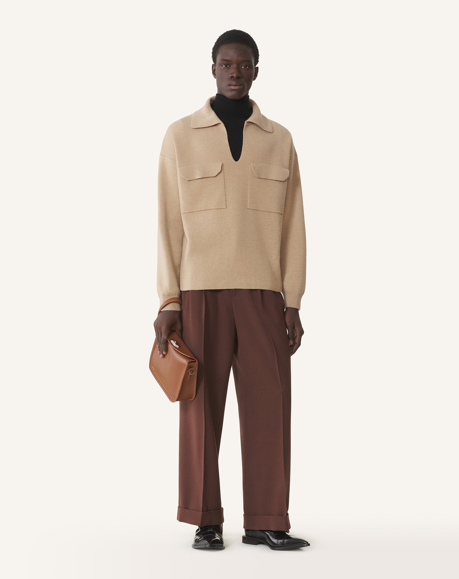 LANVIN ベージュ Vネックセーター イタリア糸 RIB Vネックプルオーバー（ニット／セーター