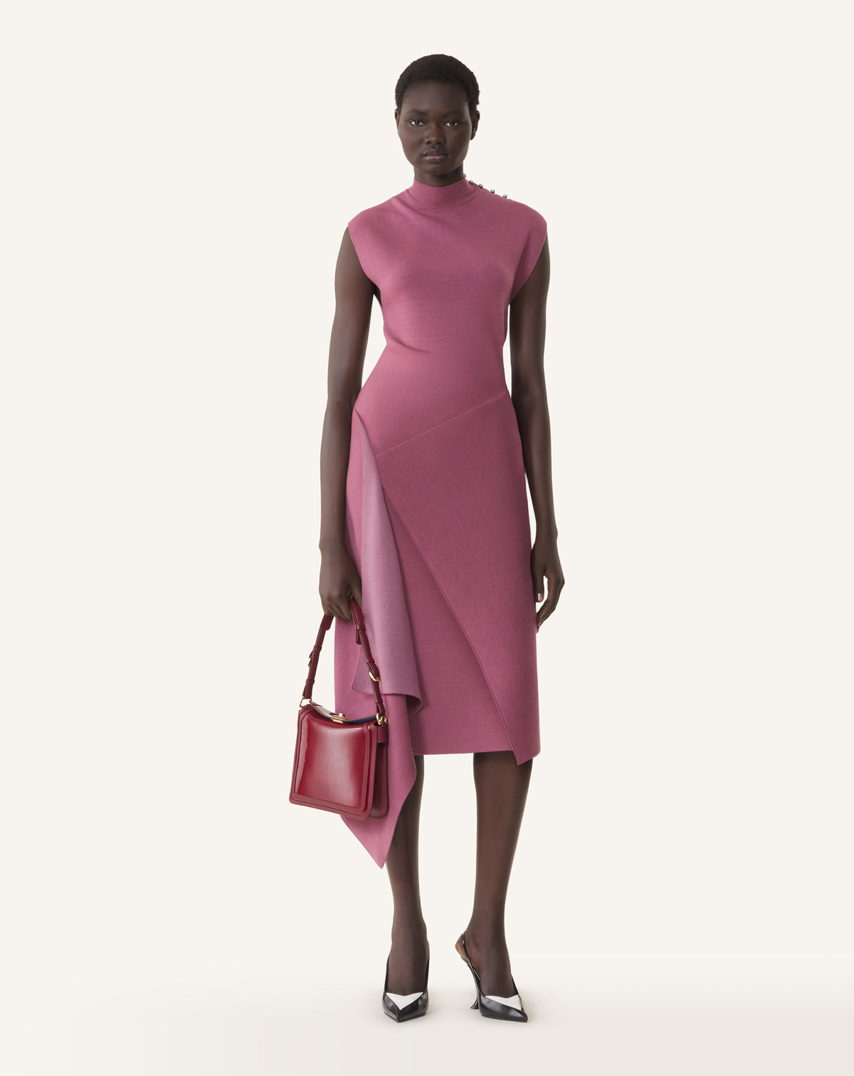 PINK DRAPED HIGH COLLAR DRESS IN WOOL