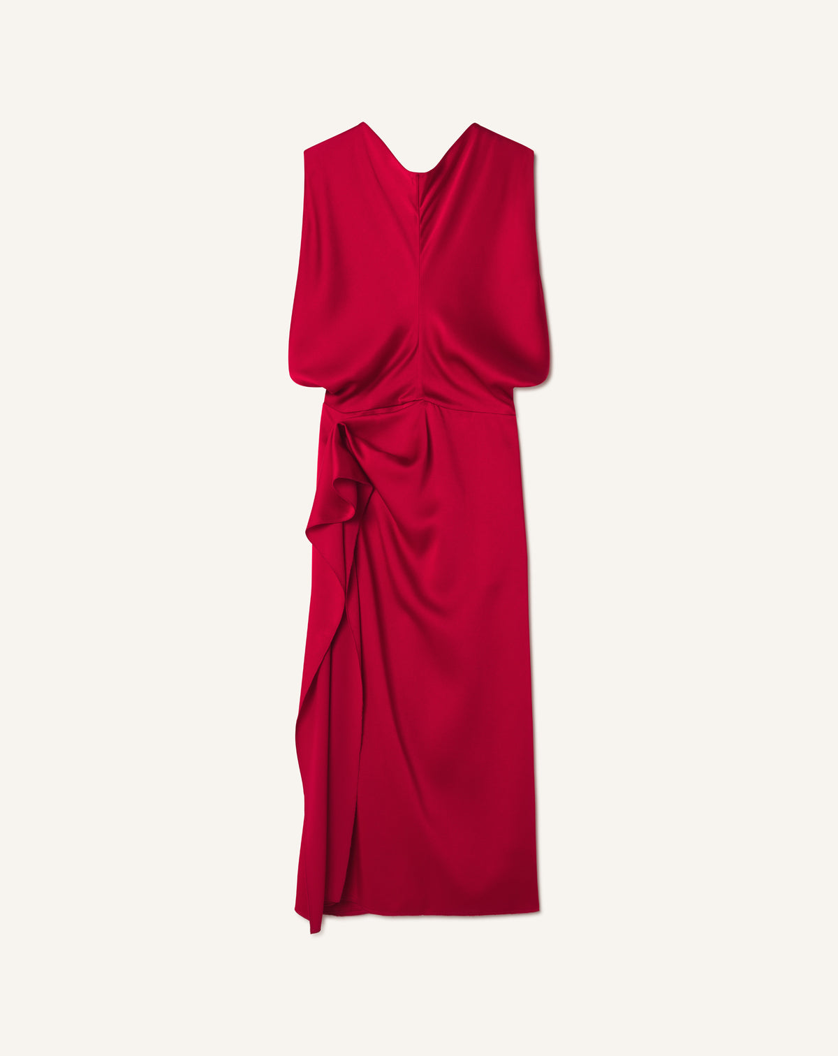 RED SLEEVELESS DRAPED DRESS IN SATIN