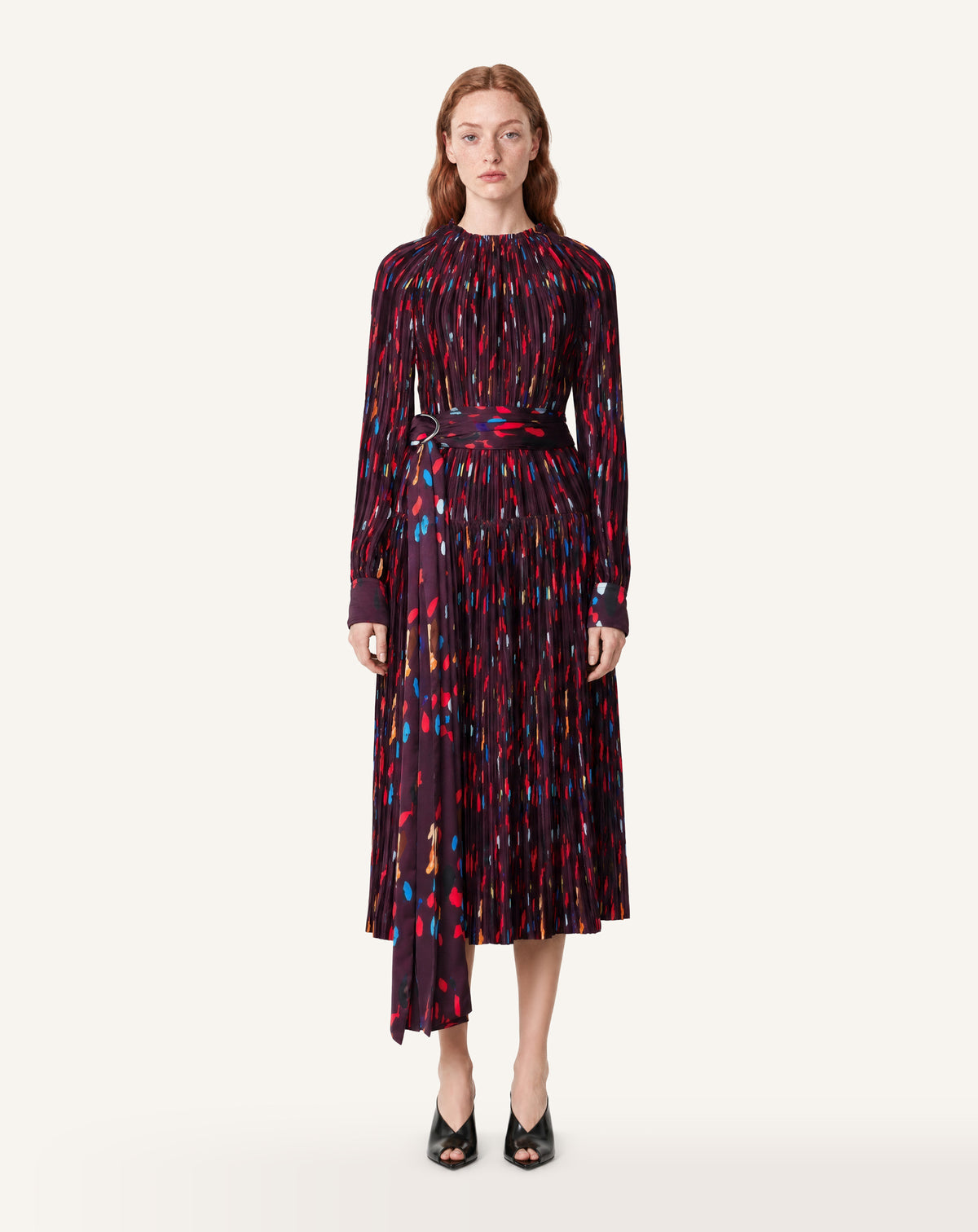 PRINTED PLEATED CHARMEUSE DRESS