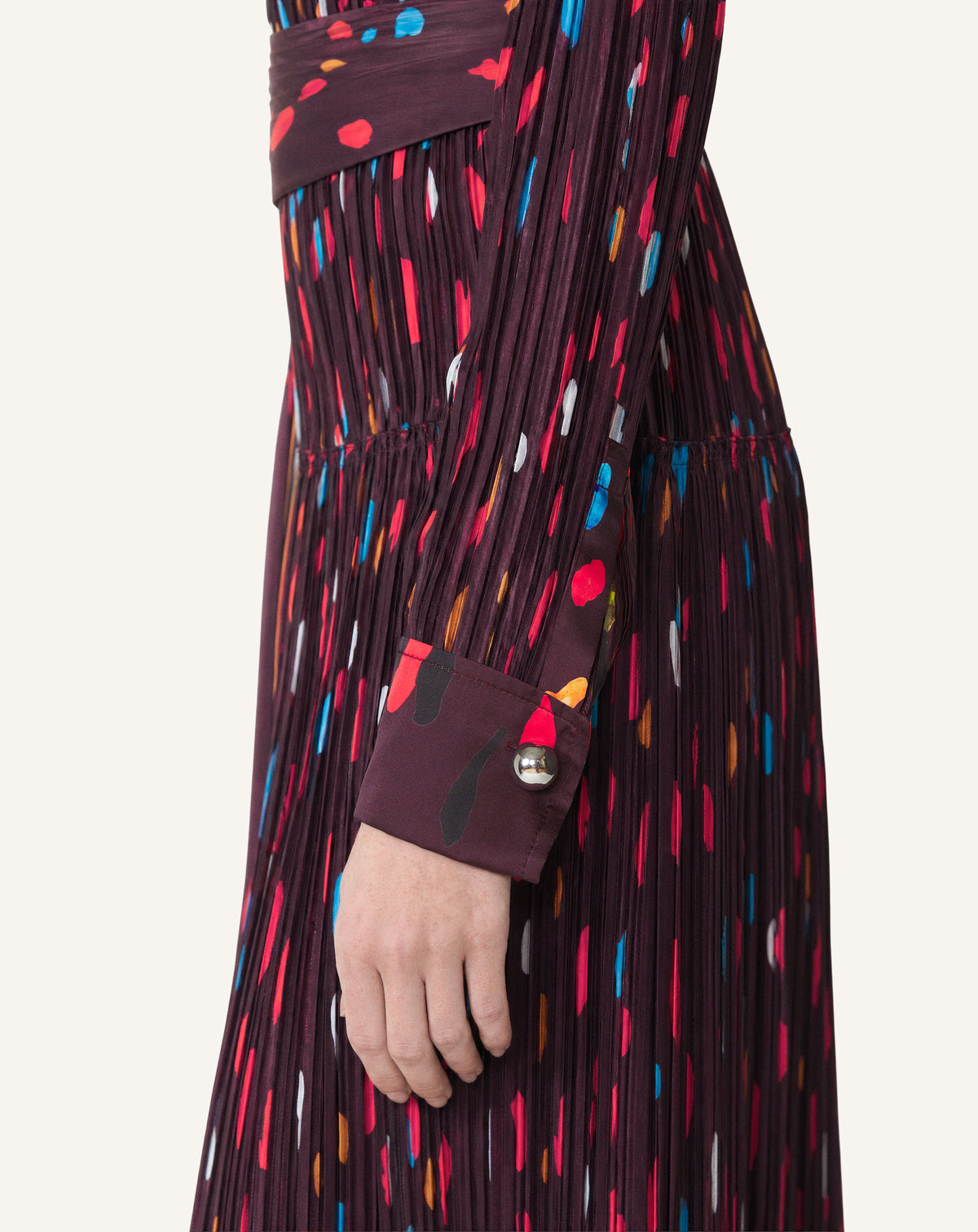 RED PRINTED PLEATED CHARMEUSE DRESS