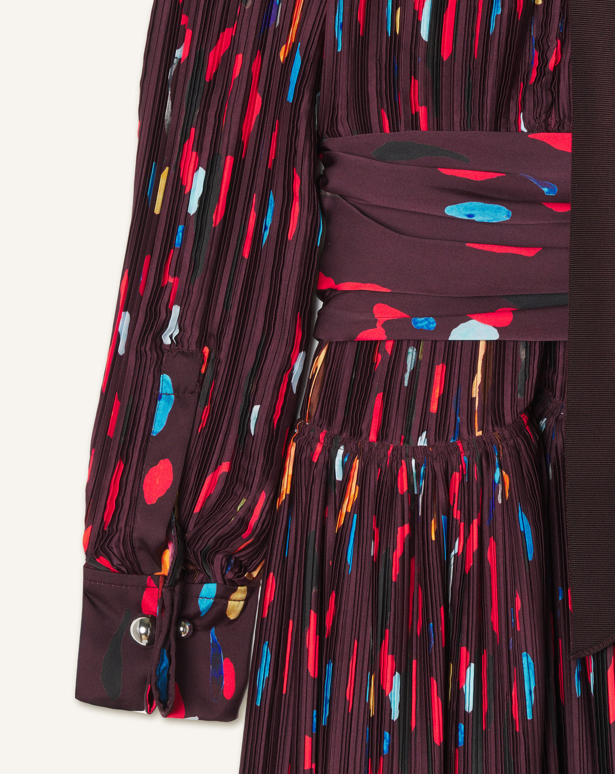 RED PRINTED PLEATED CHARMEUSE DRESS