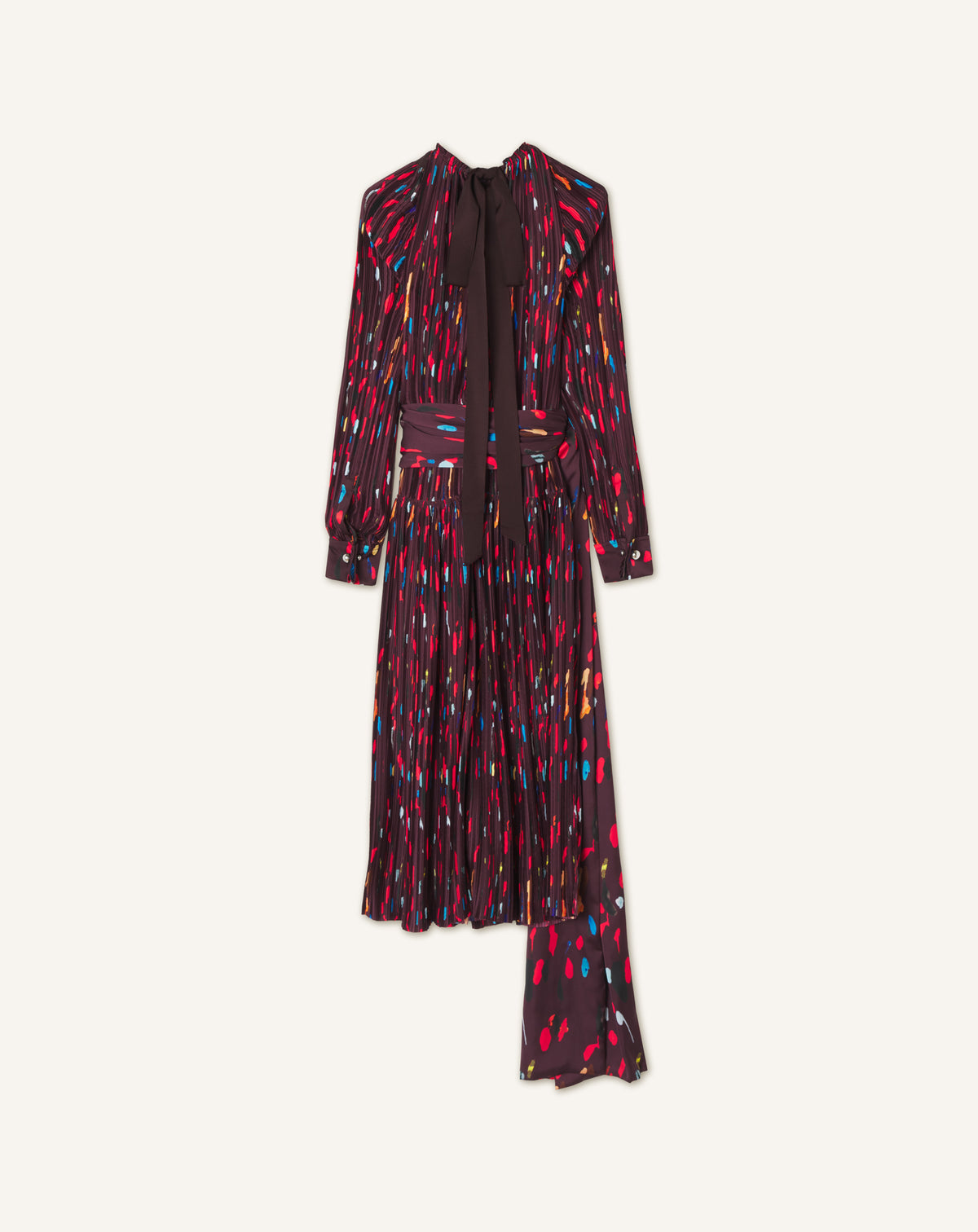 RED PRINTED PLEATED CHARMEUSE DRESS