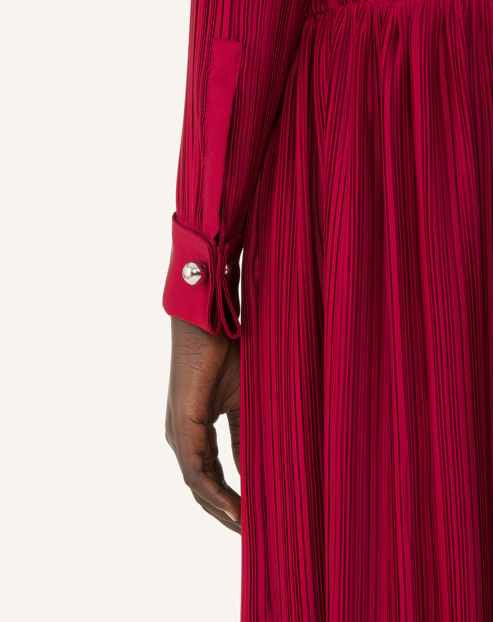RED LONG PLEATED CHARMEUSE DRESS