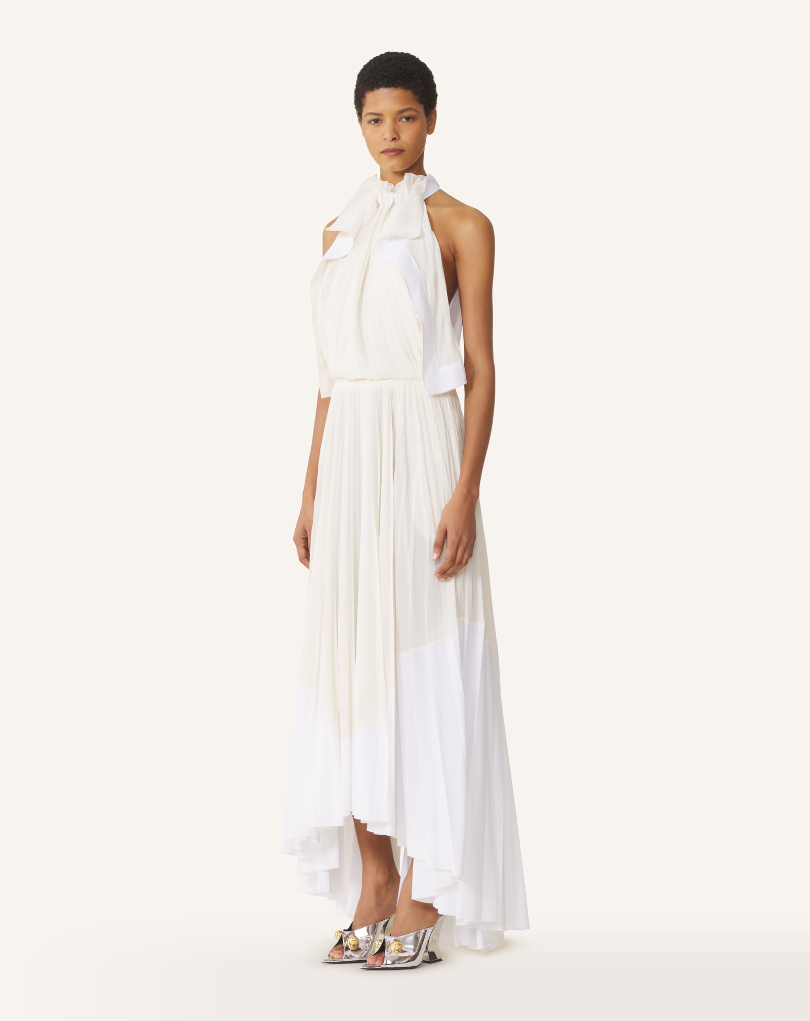 WHITE PLEATED DRESS IN CHARMEUSE AND COTTON