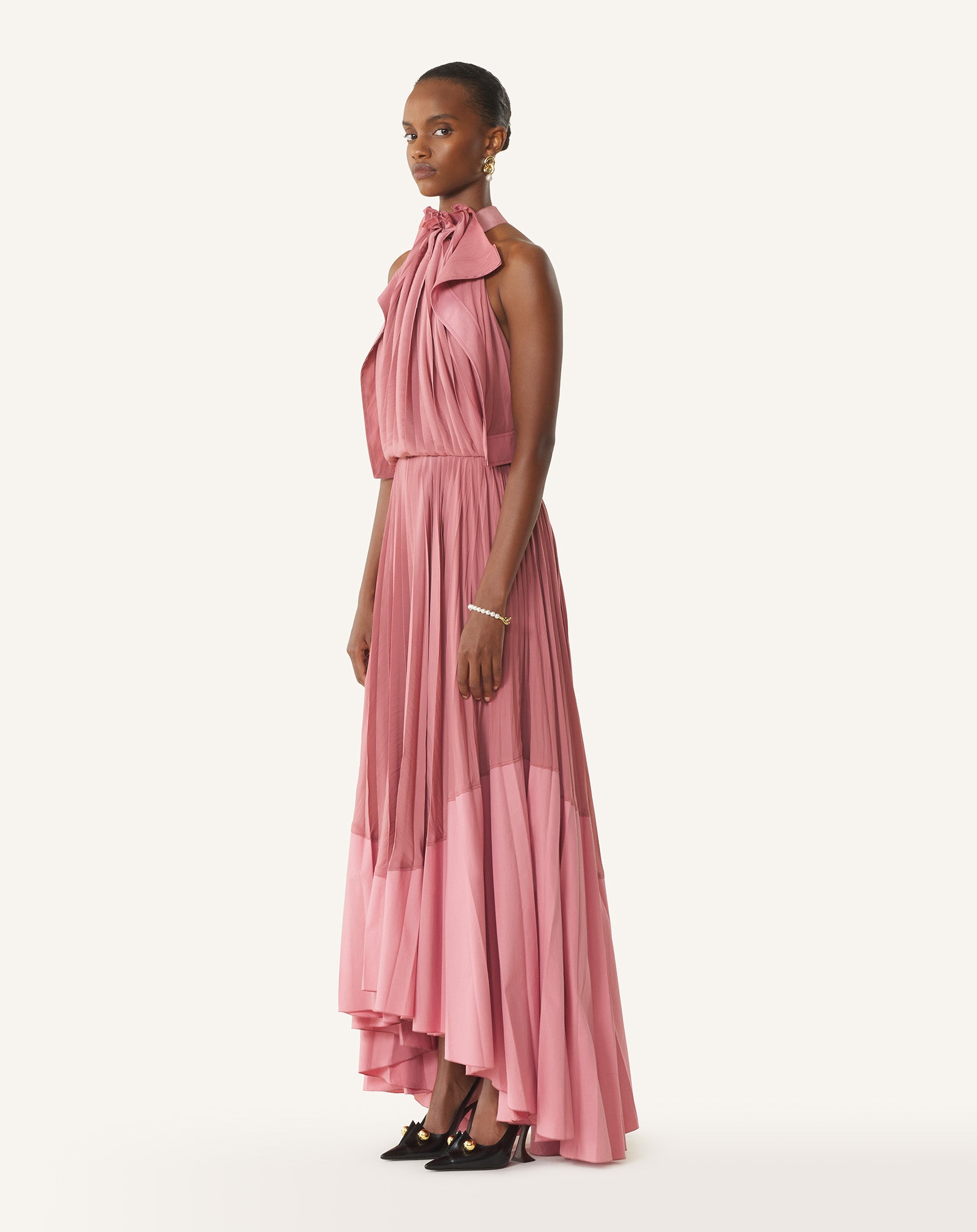 PLEATED DRESS IN CHARMEUSE AND COTTON