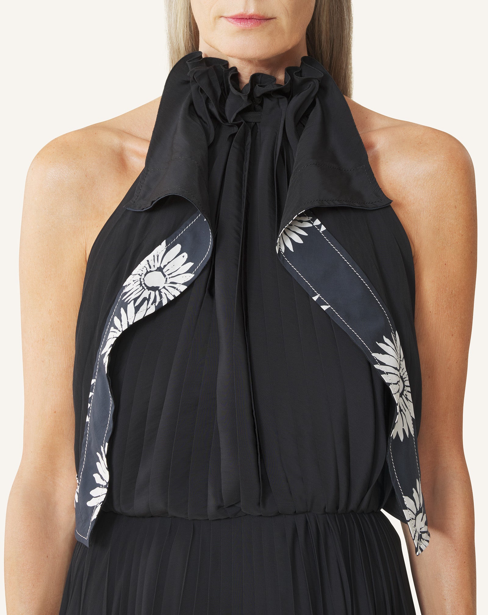 BLACK PLEATED DRESS IN CHARMEUSE AND PRINTED COTTON