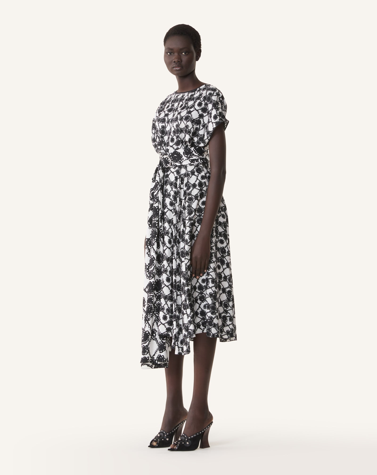 WHITE PRINTED SILK DRAPED DRESS