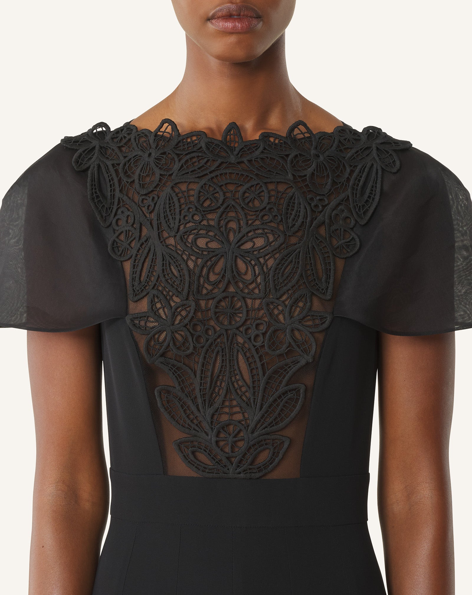 BLACK EMBROIDERED BIB DRESS IN SILK GEORGETTE