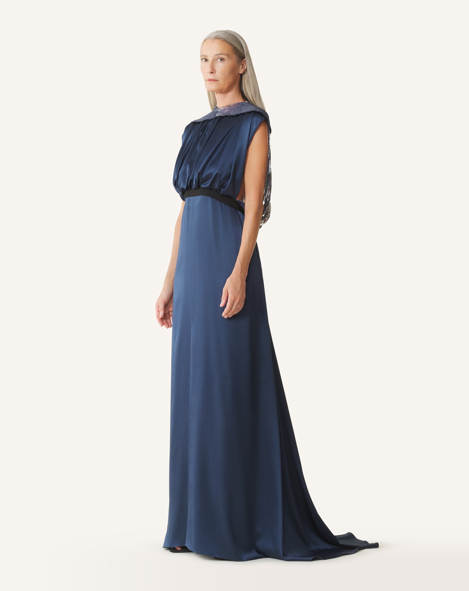 BLUE EMBROIDERED BACK DRESS IN SILK SATIN