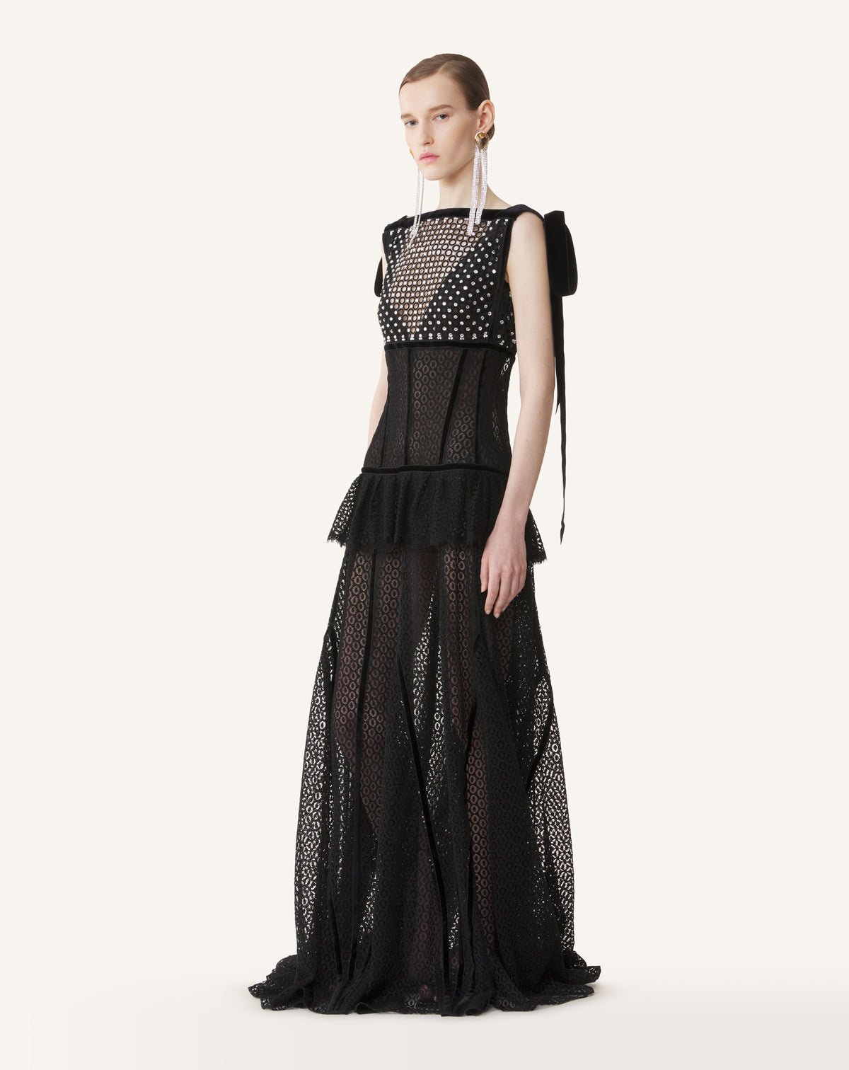 BLACK EMBROIDERED LACE HALTER DRESS