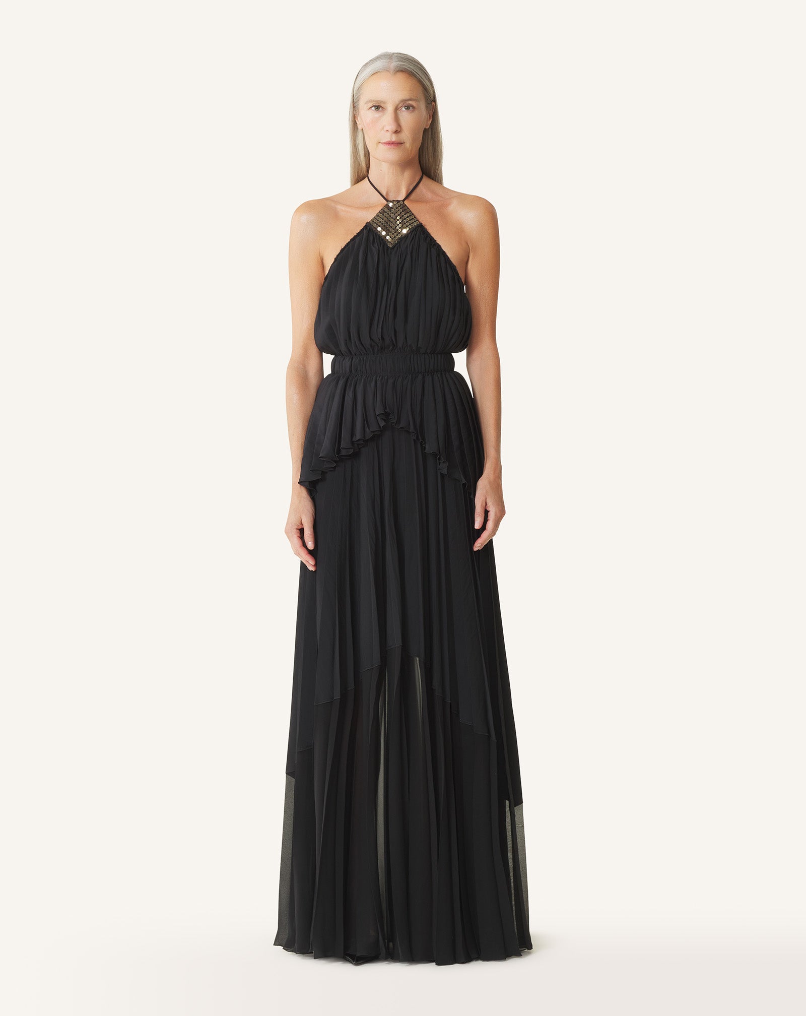 BLACK EMBROIDERED DRESS IN SILK AND CHARMEUSE