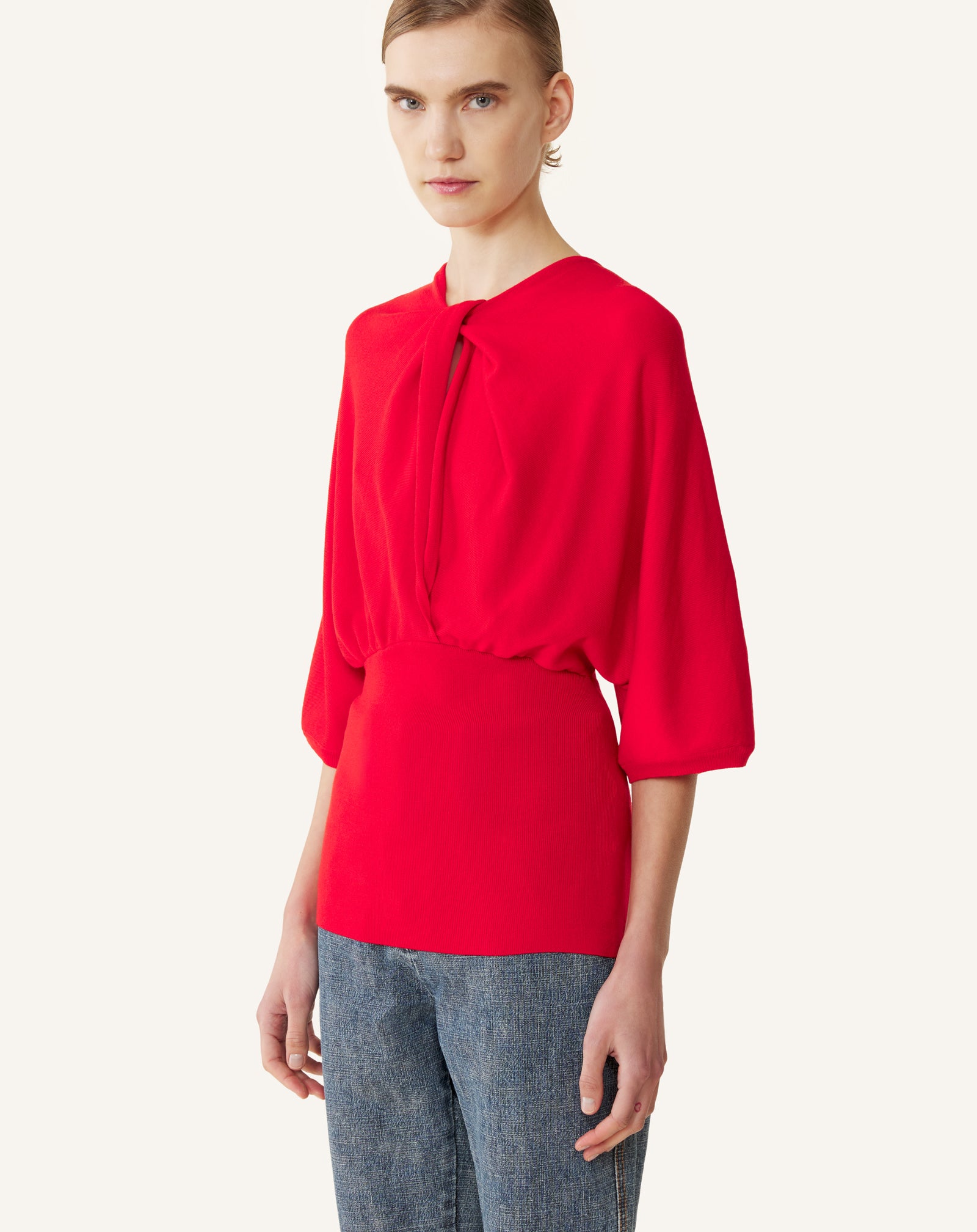 RED MERINO WOOL SWEATER WITH BOW DETAIL