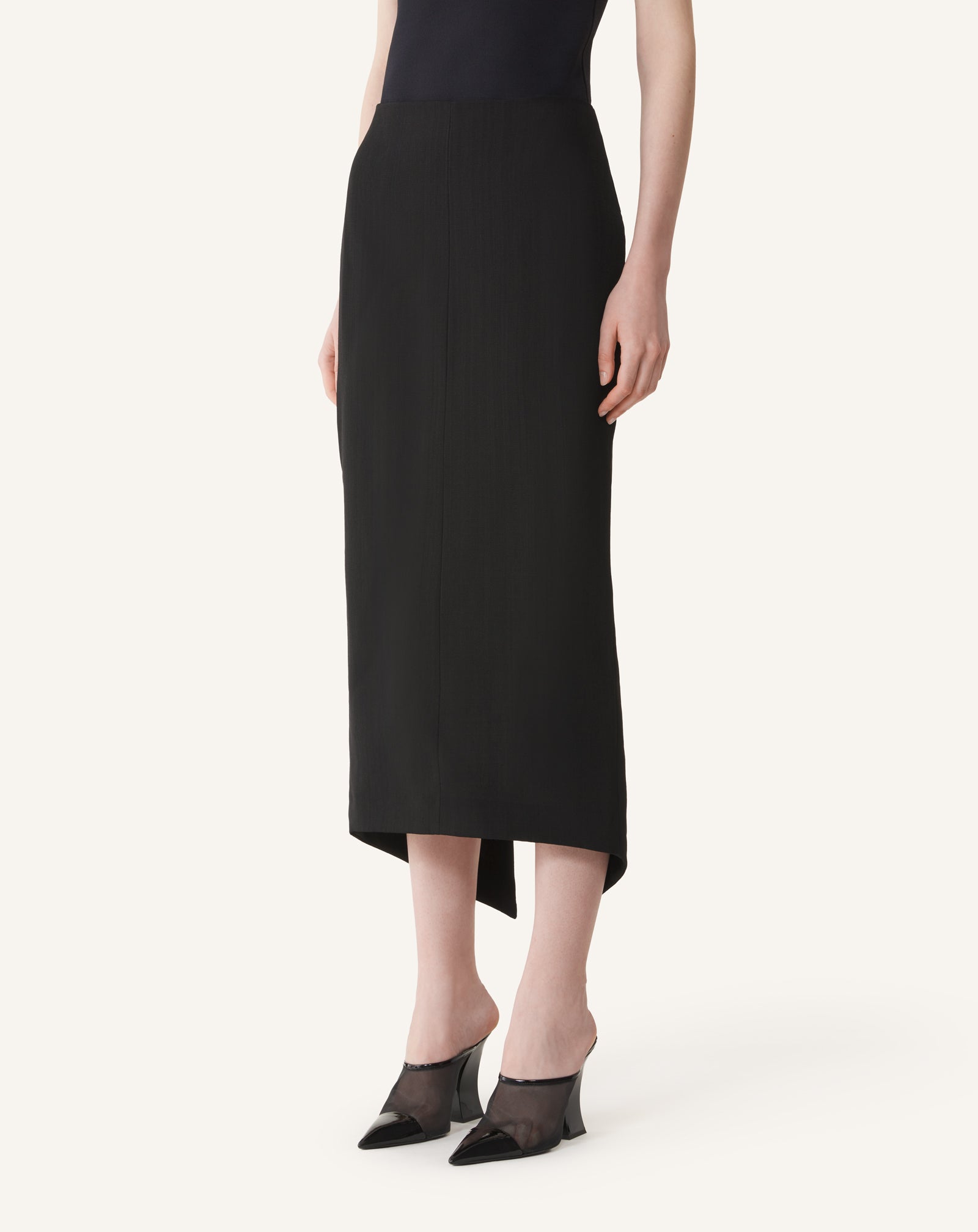 BLACK ASYMMETRICAL MIDI SKIRT IN SILK AND VISCOSE
