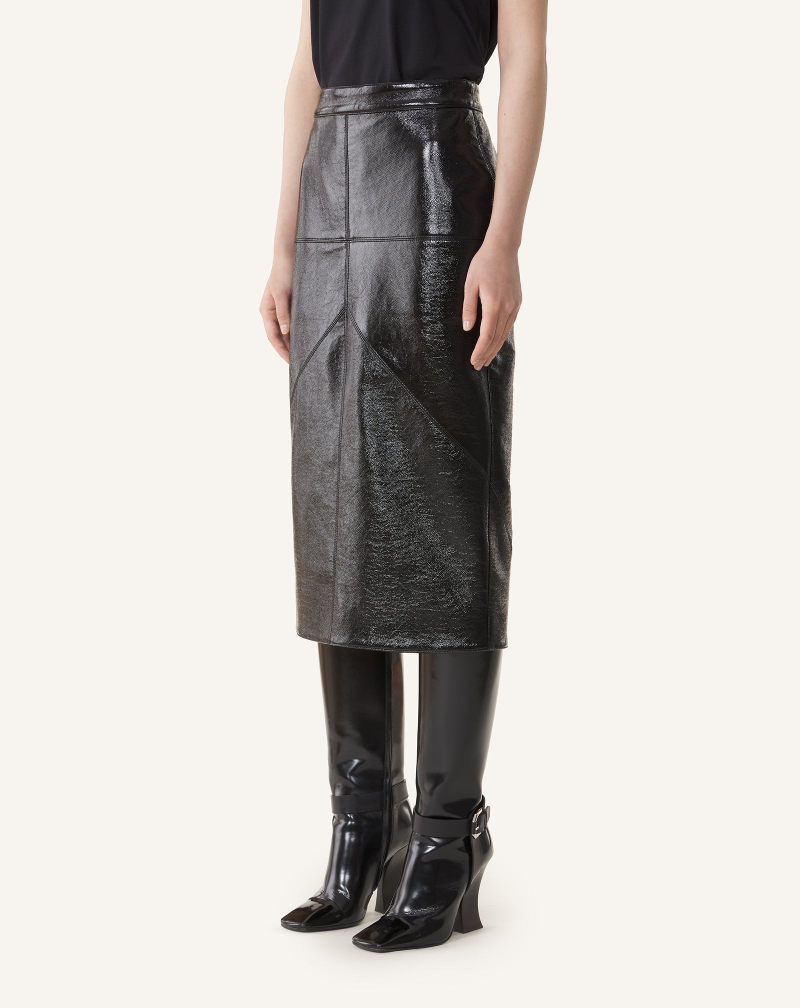 BLACK VINYL STRAIGHT SKIRT WITH CUT-OUTS