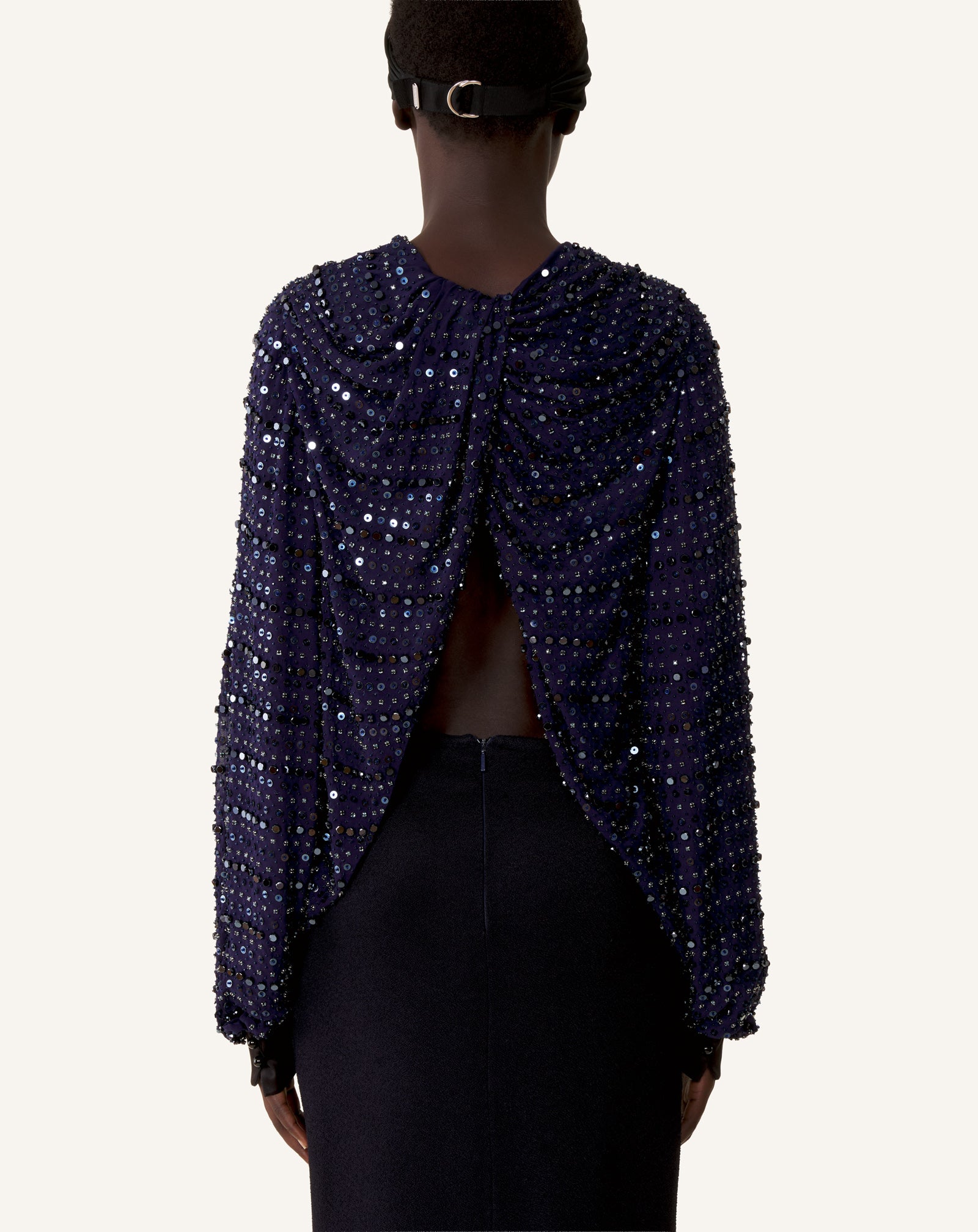 BLUE EMBROIDERED LONG SLEEVED SILK TOP