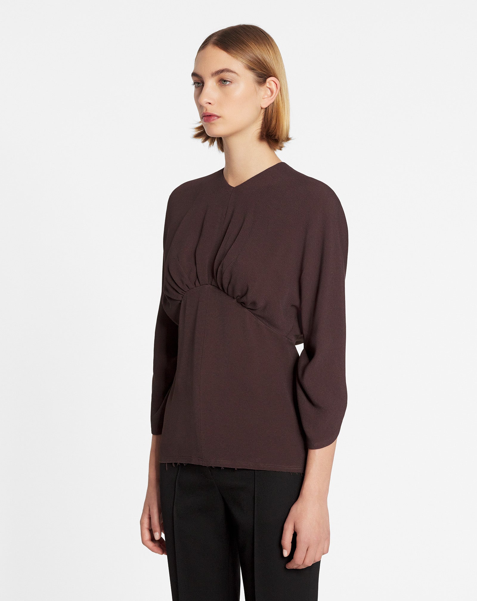 GATHERED TOP WITH 3/4-LENGTH SLEEVES, COCOA