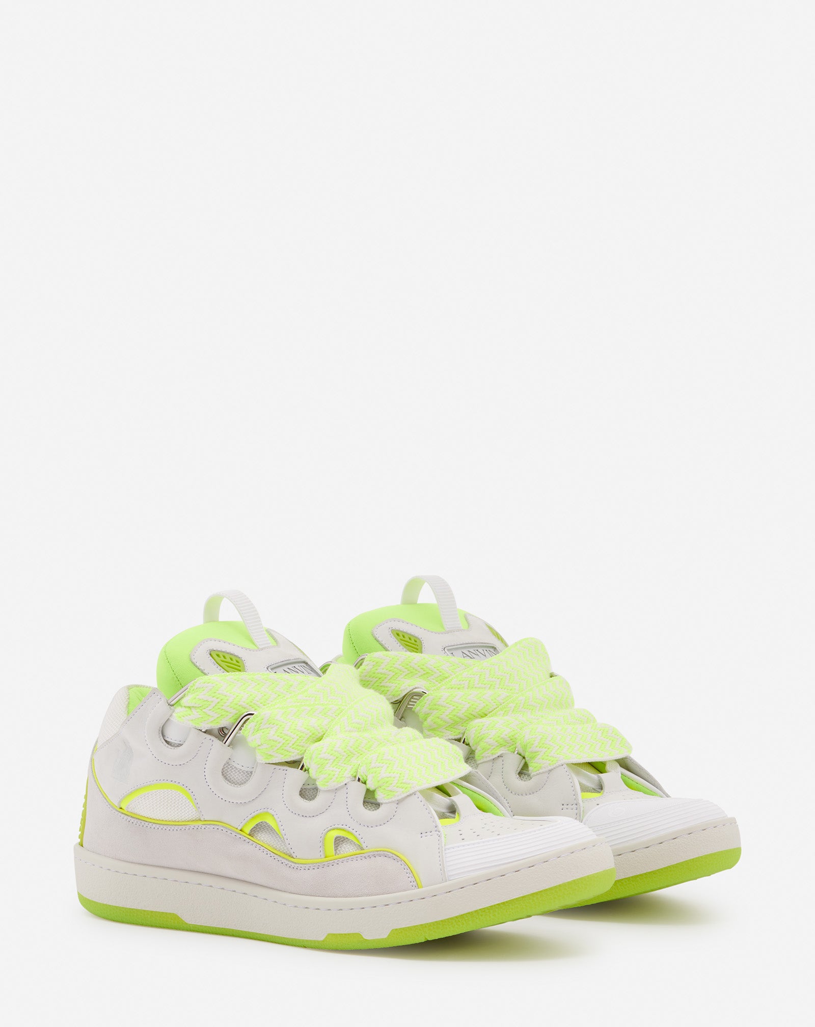 LEATHER CURB SNEAKERS, WHITE/FLUORESCENT YELLOW