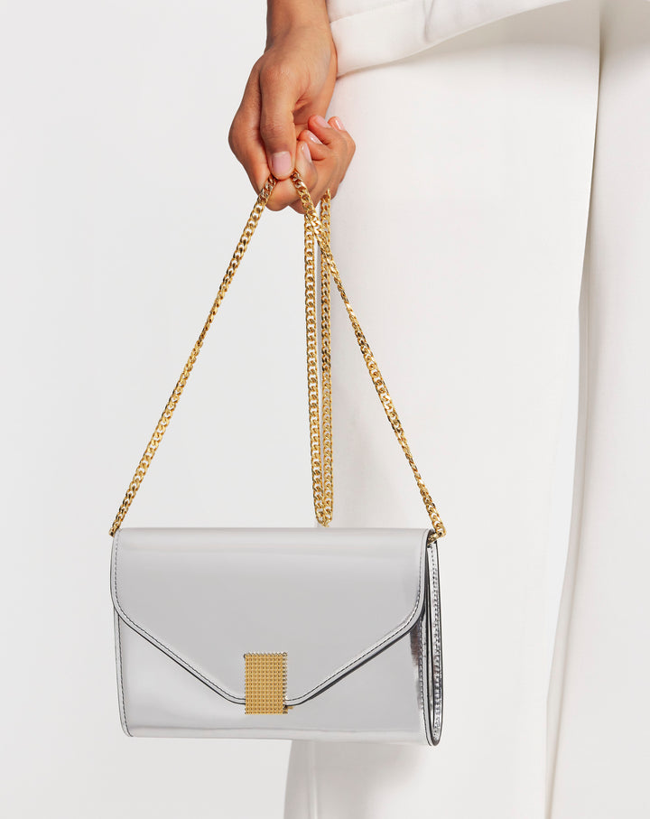  CONCERTO WALLET ON CHAIN BAG IN METALLIC LEATHER, SILVER