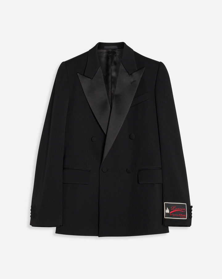 DOUBLE-BREASTED TUXEDO JACKET WITH CONTRASTING PANELS, BLACK