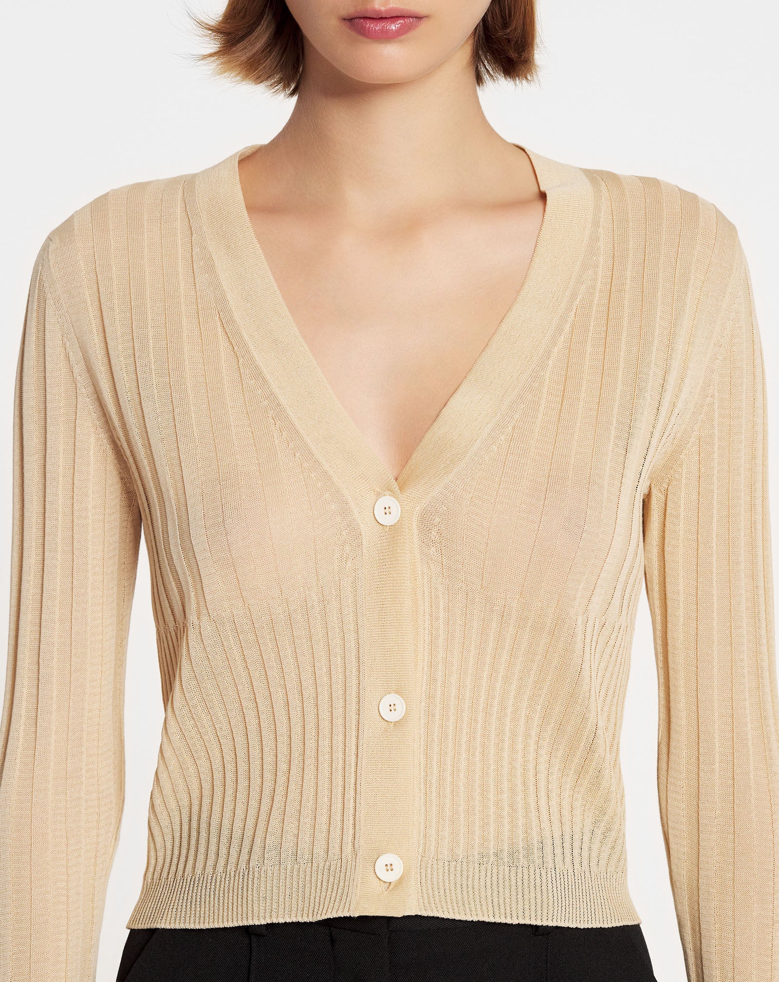RIBBED SILK AND COTTON V-NECK CARDIGAN