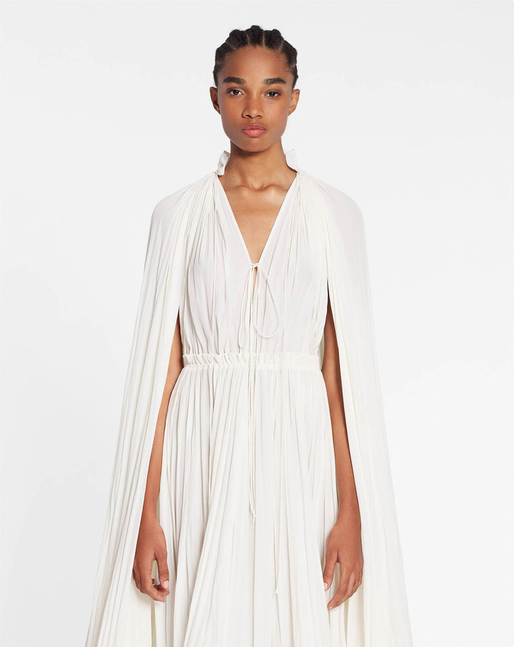 LONG RUFFLE DRESS IN CHARMEUSE, OFF WHITE