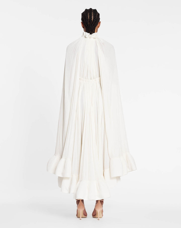LONG RUFFLE DRESS IN CHARMEUSE, OFF WHITE