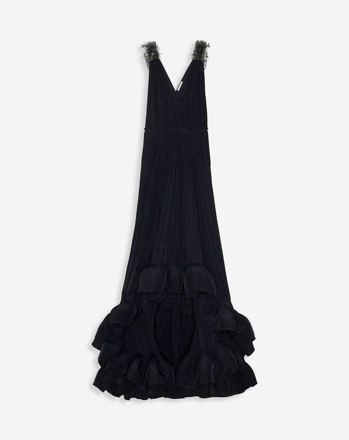 LONG EMBROIDERED CHARMEUSE EVENING GOWN